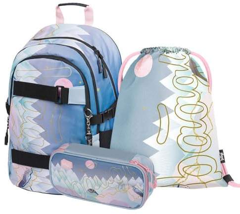 Baagl Schulrucksack Set Mädchen 3 Teilig, Schultasche ab 3. Klasse, Grundschule Ranzen mit Brustgurt, Ergonomischer Schulranzen (Skate Moon)