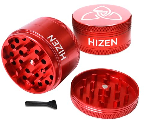HIZEN Alu Grinder XXL Ø 63mm, 4-teilige Kräutermühle, Crusher Set für getrocknete Kräuter, Pollen, Blüten, Gewürze mit Pollenfach und Schaber (Rot)