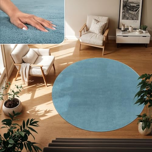 TT Home Wohnzimmer Teppich Kurzflor Anti-Rutsch Rückseite Unifarben Modern Waschbar, Farbe: Hellblau Türkis, Größe:80 cm Rund