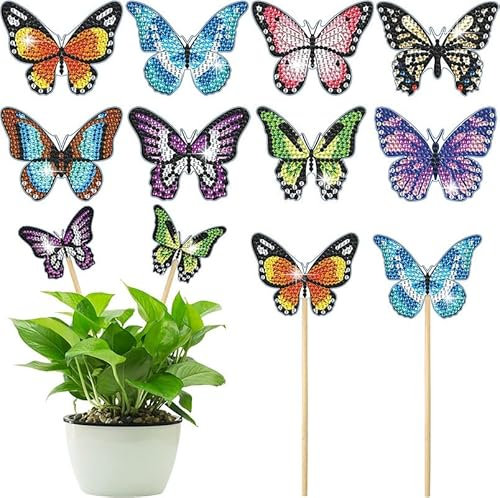 egjxal Butterfly-8 Pieces Diamond Painting Set Colorful Art Crafts Good for Beginners DIY Garden Stakes Paint Your Own Diamond Painting Floral Arrangement Garden Decoration