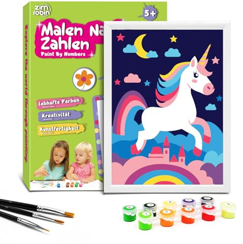 Zimrobin Peinture Numero Enfant -13×18cm Peinture par numéros enfants à partir de 5 6 7 ans fille et garçon,Cadeau créatif avec cadre 3 pinceaux et peinture acrylique (Licornes colorées)