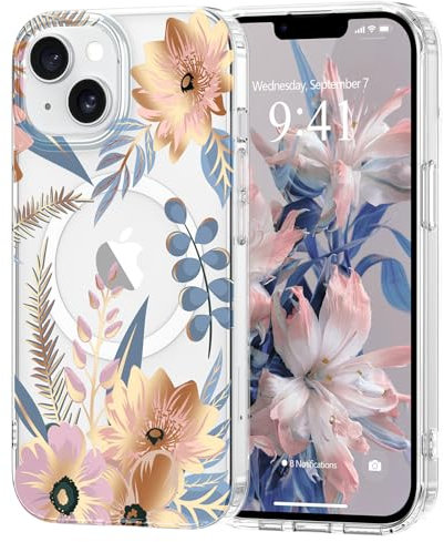Pepmune Magnetisch Handyhülle für iPhone 14 iPhone 13 Hülle [Kompatibel mit Magsafe] Blumen Muster Transparent Case Durchsichtig Hard PC Silikon Bumper Stoßfest Schutzhülle für iPhone 13/14 Rosa