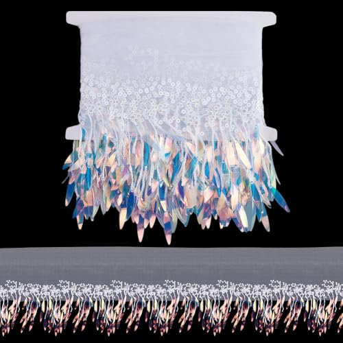 GORGECRAFT 2 Yard X 29cm Pailletten Spitzenbesatz Weiße Polyester Quastenfransen Glitzernde Perlen Metallische Schlaufenpailletten Besticktes Band Stoffnetz Pfeilbesatz Zum Nähen von Kleidung Dekor