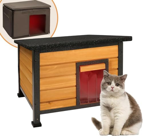 X-ZONE Wooden cat house for indoor use with insulated lining for winter, wild cat shelter, all-round iron frame and waterproof shelter for outdoor use (brown)
