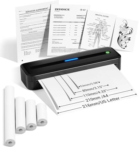 300dpi Thermodrucker A4, 2600mAh Mobiler Drucker A4 für Unterwegs, Ohne Tinte Kleiner Tragbarer Bluetooth Reisedrucker, Portable Kabelloser Kompakt Thermal Printer Kompatibel mit iPhone Android Handy