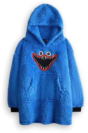 Vanilla Underground Poppy Playtime Playtime Jungen tragbarer Decken-Hoodie | Blauer Sherpa-Fleece-Pullover mit Kapuze für Kinder Charaktergesicht | Kinder-Loungewear mit Sherpa-Futter und Taschen