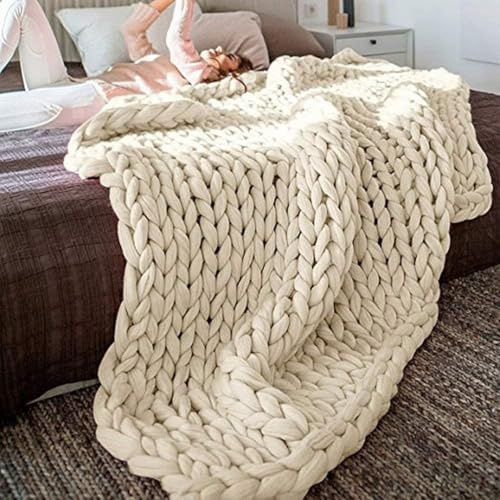 Gestrickte Grobe Strickdecke Wolle Kuscheldecke Grobstrick Wolldecke,Chenille Handgewebte Überwurf Gemütliche Warme Decke für Bett Sofa Stuhl Büro(Beige,180 * 200cm)