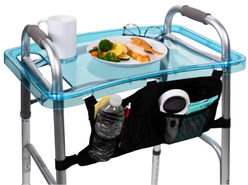 StrongArm Clear View Walker Tray + Bag + Non-Slip Mat & Cup Holder, Tray for Folding Walkers, Food Tray, Walker Accessories, Tray Table for Standard Adult Walkers