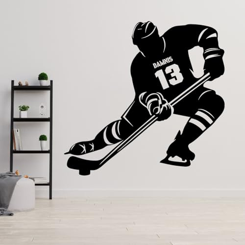 Personalisiert Wandtattoo Eishockey mit Name und Nummer Wandaufkleber Wandsticker für Kinderzimmer Wohnzimmer Schlafzimmer Wanddeko,Geschenk für Kinder Junge Teenager Männer