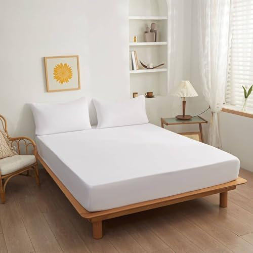 AMDXD Weiß Betttuch 100x200+15cm Fest, Spannbettlaken Wasserbett Einfarbig Matratzenschutz, Polyester Baumwolle Tagesdecke für alle Jahreszeiten