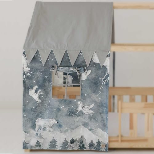 Moi Mili Betthimmel-Haus- Optik Hausbett-Vorhang Print Sternenhimmel 350 x 125 cm Betthimmel in Hausform mit Fenster für Kinderbett Bettdekoration Hausbetthimmel Kinderzimmer Dekoration