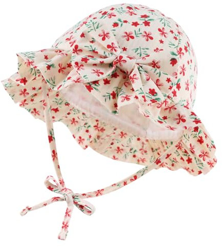 XIAOHAWANG Sommerhut Baby Mädchen UV Schutz Sonnenhut Mütze Baby Sommer Mützen Baumwolle Mit Schleife und Bindebändern(Rot Blüten, 50cm(1-2 Jahren))