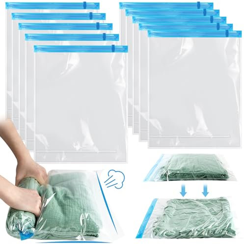 AOOWU Vacuum Storage Bags, 10 Pack (40 X 60CM) Reusable Vacuum Travel Storage Bag, Space Saver Sealer Bags, Saves 75% of Storage Space, Roll-Up Compression, No Need for Vacuum Machine or Pump