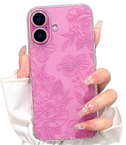 NITITOP Compatible with iPhone 16 Case Cute Clear Pink Flower Floral Line Design for Women Girls Transparent Full Camera Slim Soft TPU Shockproof Protective Phone Cover - Pink