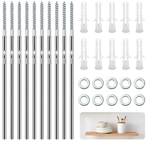 Axincardarm Lot de 10 supports d'étagère flottants Ø 8 x 200 mm - Supports d'étagère dissimulés argentés pour étagères flottantes en bois - Fixation murale