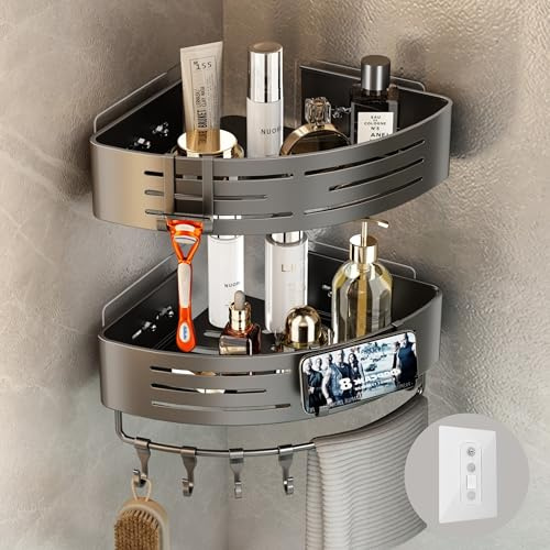 Voldra Corner Shower Caddy No Drilling, Adhesive Bathroom Corner Shelves Wall Mounted Stick On Bathroom Caddy Shower Organiser Rack With 8 Removable Hooks and Towel Bar(2 Pack, Grey)