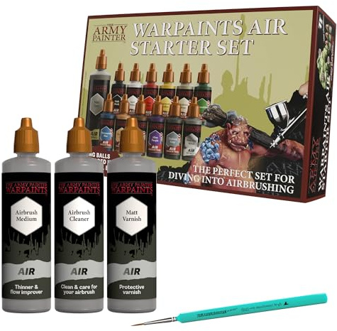 The Army Painter, Airbrush Starter Bundle, inkl. Air Starter Set, DipIt Brush, Air Anti-Shine Varnish, Airbrush Cleaner und Medium – für DnD, Warhammer & Wargaming.
