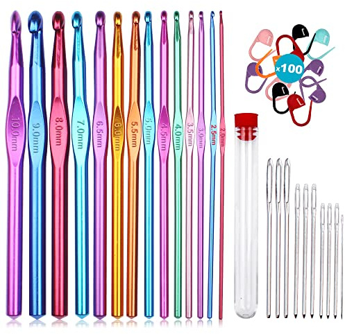 Häkelnadel Set Häkeln Stricken Nadeln Kit Haushalt Werkzeug Nadelset Aluminium mit Maschenmarkierer und Nadeln großem Öhr