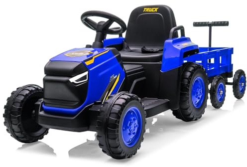 Tracteur électrique Enfant 12 V, avec Remorque Amovible, 3 Vitesses, Double Moteur, avec Télécommande, Voiture électrique pour Enfants avec Phares LED, Musique, Klaxon pour Les 3-8 Ans
