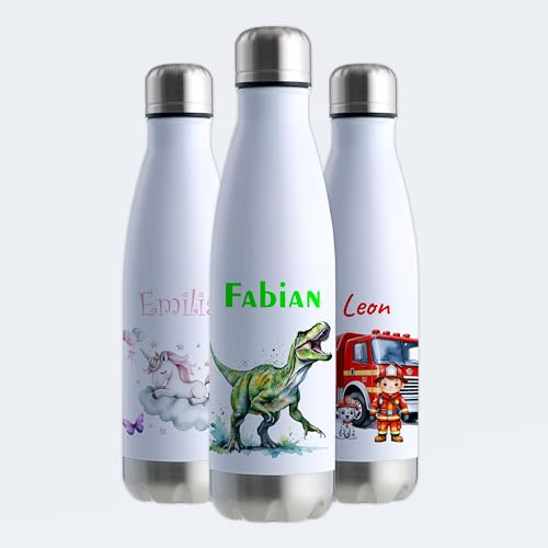 Gravur-Max Trinkflasche Edelstahl 500 ml personalisiert - Dino-T-Rex – doppelwandige Thermosflasche hält 13 h warm & 24 h kalt – auslaufsicher, BPA-frei & mit Wunschnamen bedruckt – weiß/silber