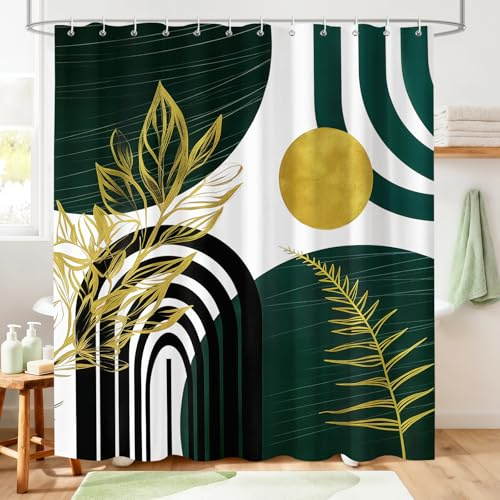 Hopomoon Rideau de douche vert foncé, style bohème moderne du milieu du siècle, vert émeraude, vert et doré, motif feuilles abstraites, ensemble de rideau de bain en tissu polyester imperméable avec