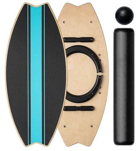 Balance Board aus Holz mit 7 Trainingsmodi, Indoor Wackelbrett & Trickboard mit Rolle, Balance Ball, Matte und Halter – rutschfest mit seitlichen Anti-Rutsch-Pads, für Kinder & Erwachsene