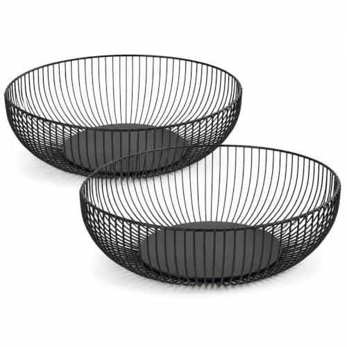 BOODPET Obstschale 2er-Set Schwarz Matt Metall Obstkorb Rund Ø 28 cm | Dekoschale und Aufbewahrungskorb im modernen Draht-Design, luftige offene Struktur, für Obst, Gemüse und Brot, Höhe 7,5 cm