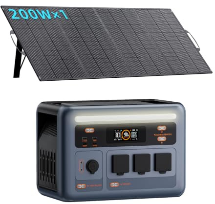 PowerMax 1800SE Estación de Energía Portátil con Panel Solar 200W 1024Wh | Batería LiFePO4 1024Wh, 3 tomas CA 1800W, Carga rápida 0-80% en 45 min, Generador Solar de Emergencia para Acampar