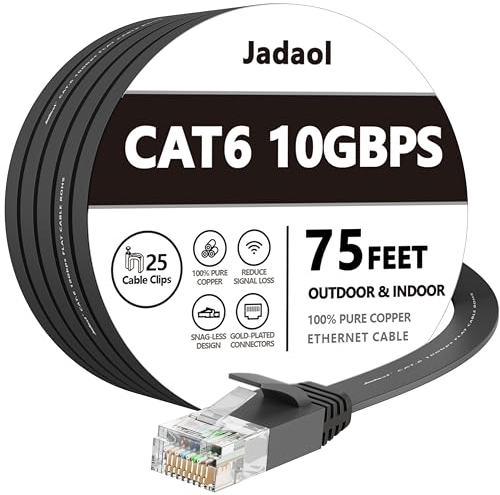 Cat 6 Ethernet Cable 75 ft, Long flat Internet Network Lan patch cord, faster than Cat5e/Cat5, Solid Cat6 High Speed Computer RJ45 Wire for Modem, Router, PS4, Xbox, Switch, Camera, TV box, Hub,Black