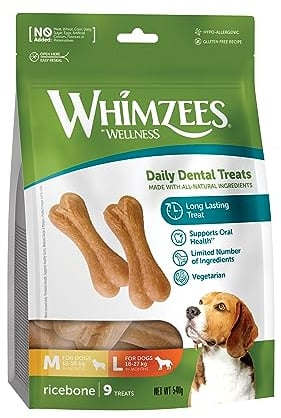 WHIMZEES by Wellness Reisknochen, Kauknochen für große Hunde, Hundesnack zur Zahnpflege, Größe M/L, 9 Stück, ohne Zuckerzusatz, glutenfrei, natürlich, fettarm