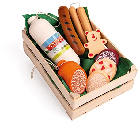 Erzi 28140 Sortiment Wurstwaren aus Holz, Kaufladenartikel für Kinder, Rollenspiele