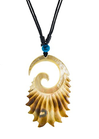 Halskette Perlmutt verstellbar Baumwolle Muschel Kette handgeschnitzt Türkis Stein | Herren Damen Surfer Anhänger weiß braun grau bunt Black Shell | Spirale Flügel Farn Ornament Zackenrad Flügel
