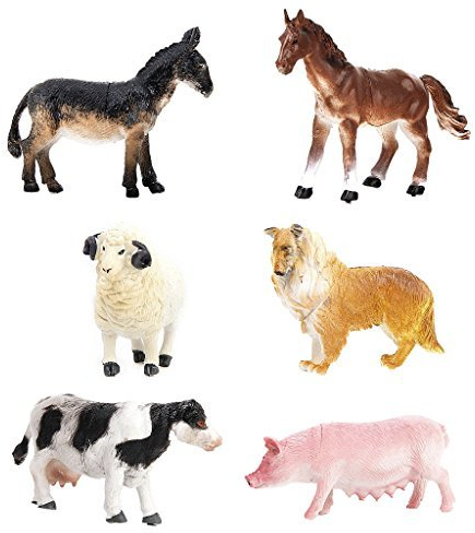 JZK 6x Realistico giocattoli animali da fattoria figure set per bimba bimbo 2 anni, animaletti plastica per bambini regalo bomboniera pensierino festa compleanno, miniatura cane collie maiale mucca