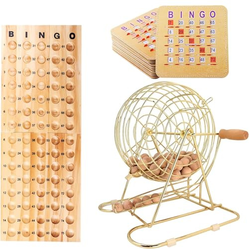 GSE Games & Sports Expert Deluxe Bingo Game Set with Large Brass Cage, 10 Shutter Slide Bingo Cards, Wood Master Board & 7/8 Calling Balls for Large Groups, Parties, Game Night