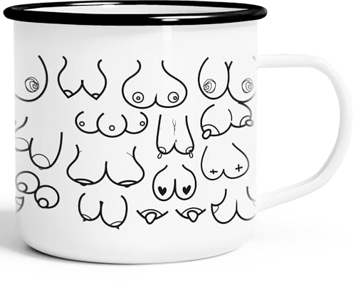 Moonworks® Emaille Tasse Becher Titten-Muster Brüste Fun-Tasse Titten-Tasse Büro-Tasse weiß-schwarz unisize