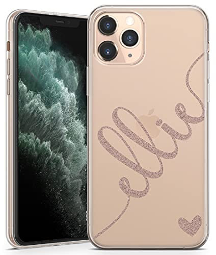 TULLUN Personalised Phone Case for iPhone 11 Pro Max - Clear Soft Gel TPU Custom Cover Colour Heart and Diagonal Design Name Initials Your Text - Rose Gold
