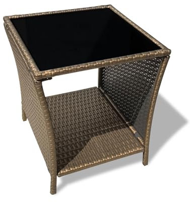 Kintness Wicker Rattan Side Table Outdoor End Table Patio Courtyard Coffee Bistro Glass Table with Storage