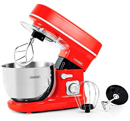 Kitchencook - Robot Pétrin 5l - 1300w - 6 Intensités - Bol Amovible Acier Inoxydable - Crochet à Pâte - Fouet à Fils - Rouge