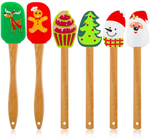 Patelai Christmas Silicone Spatula Xmas Cake Spatula with Wooden Handle Snowmen Pancake Spatula Cute Pan Scraper Xmas Dish Scraper Cooking Spatulas for Kitchen Mixing Cooking (Vivid Style,6 Pieces)