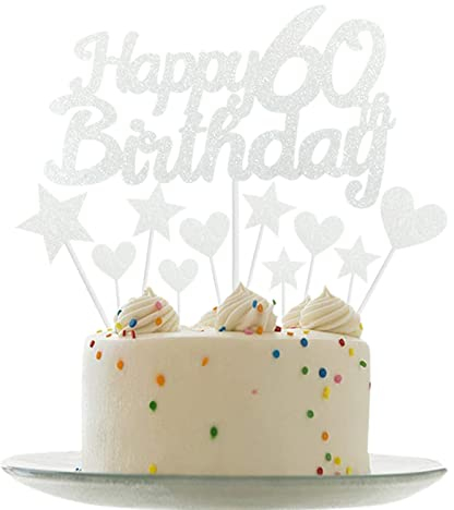 Personalised Happy 60th Birthday Cake Toppers Silver Cake Decorations for Men,Women,Him,Her 60th Birthday Cake Cupcake Topper, Glitter Cakes Decoration for 60 Birthday Anniversary Party Supplies