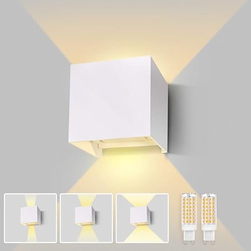 Lureshine Wandlampe mit Austauschbarer G9 LED Lampe Warmweiß 3000K Aluminium LED Wandleuchte Innen|Aussen Einstellbarer Abstrahlwinkel Wandbeleuchtung für Schlafzimmer Badezimmer Gang(Weiß,1 Stücke