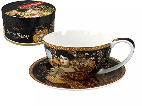 Carmani - Ensemble tasse à thé, café, cappucino et soucoupe en porcelaine avec Gustav Klimt, 'Adele' 360 ml