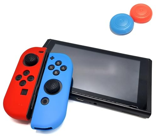 Generic | Siliconen Controller Hoesjes + Thumbgrips | 3.49 | Rood/Lichtblauw + Blauw/Rood Thumbs | Beschermhoes Skin | Compatibel met Nintendo Switch & LITE | Softcover Case | Grip