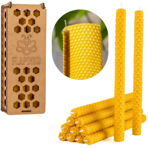Bienenwachskerzen Set Tafelkerze FLAPINKO Handgefertigt, 12 Stück Schmal | Bio, Natur, Rein, Baumwolldocht | Wabenstruktur | Echtes Bienenwachskerzen Geschenkset mit Holzkiste | Premium,Dinner, Bistro