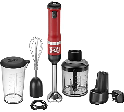 BLACK+DECKER Kitchen Wand Cordless Immersion Blender, 3 in 1 Multi Tool Set, Hand Blender with Charging Dock, Whisk, and Chopper, Red (BCKM1013K06)