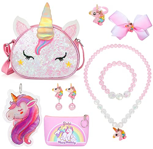HIFOT 8 Stk Einhorn Tasche Mädchen Schmuckset Haarspangen Mädchen, Umhängetasche Mädchen Armband Kinder Mädchen Halskette Mädchen Ohrclips Mädchen Ringe Mädchen Einhorn Geschenke Für Mädchen 4-8 Jahre