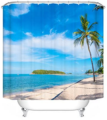 WSSLJK Cortina de ducha de playa de arena textil 120 x 200 180 x 200 180 x 180 cm, patrón de playa para ducha impermeable para decorar tu baño (180 x 180 cm, 1)
