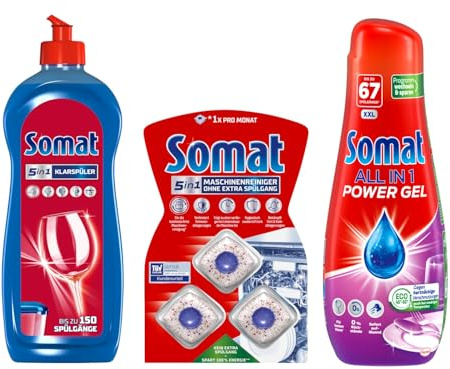Somat All in 1 Power Gel (67 Spülgänge) kraftvolle Reinigung, Eco-Programm & Somat Maschinenreiniger Tabs Anti-Kalk (3 WL) & Klarspüler verleiht Geschirr Extra-Glanz | 750 ml