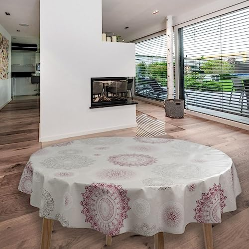 laro runde 140 cm wachstuchtischdecke wachstischdecke abwashbar PVC tischdecke Wachstuch wasserabweisend Garten tischdecke, Muster:Mandala Grau