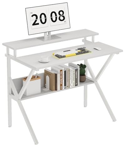CAIYUN 70cm Computer Desk, Home Office Desk for Home, Small Desks for Small Spaces, White Desk with Monitor Stand